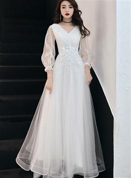 Picture of White Color Long Sleeves Tulle Simple Wedding Party Dresses with Lace, A-line Formal Dresses